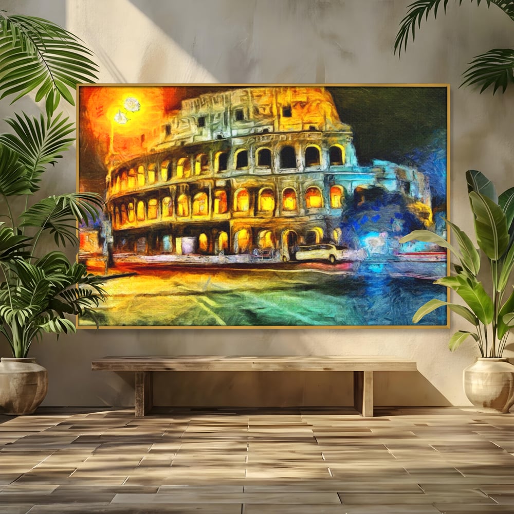 Tablou canvas cu pictura digitala cu colosseumul din roma noaptea, in rama de aluminiu auriu